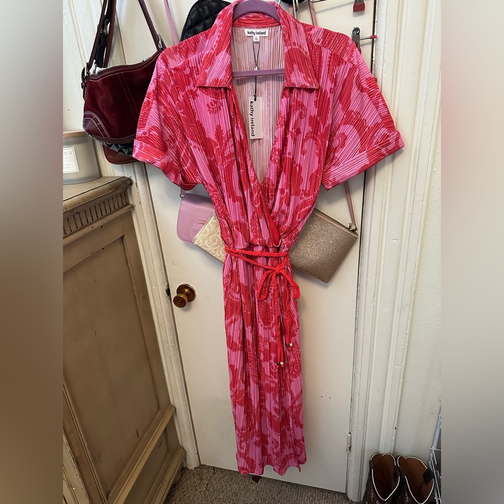 Paisley, pink and Red Floral V-Neck Dress size L nwt